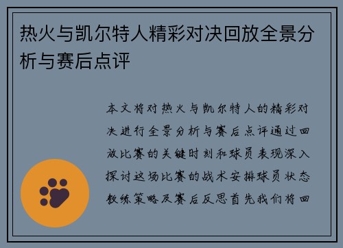 热火与凯尔特人精彩对决回放全景分析与赛后点评