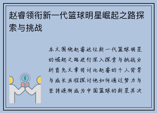 赵睿领衔新一代篮球明星崛起之路探索与挑战